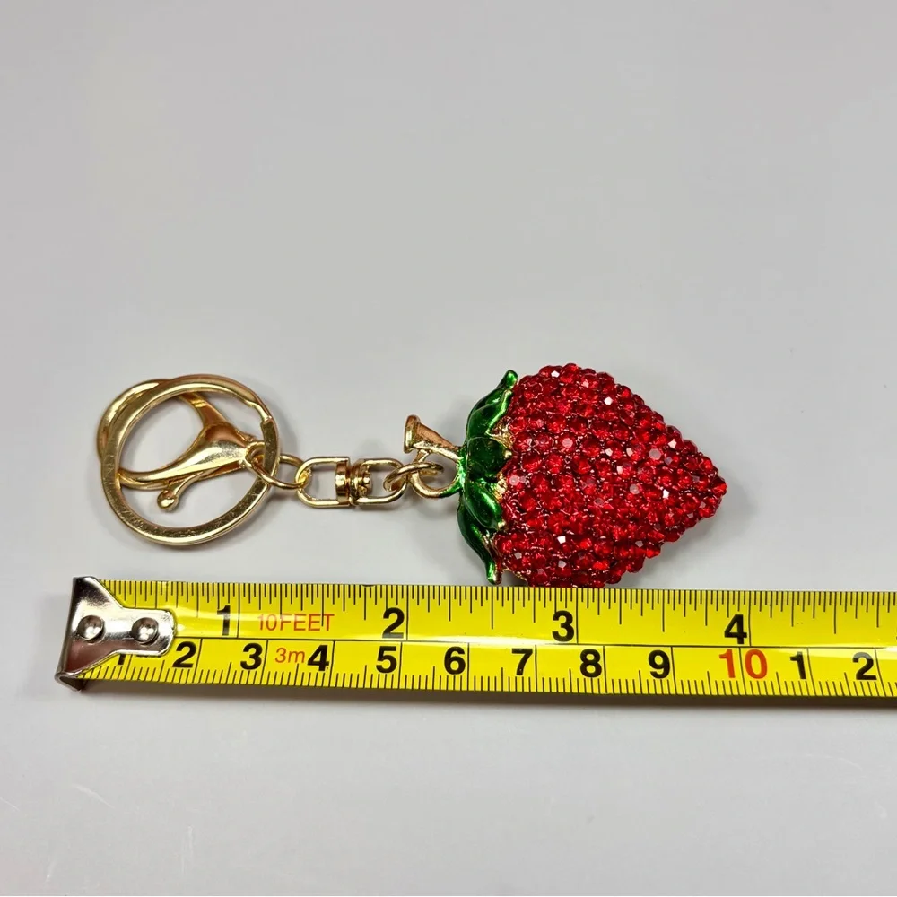 Chunky Rhinestone Strawberry Keychain - Red & Green Gold Hardware